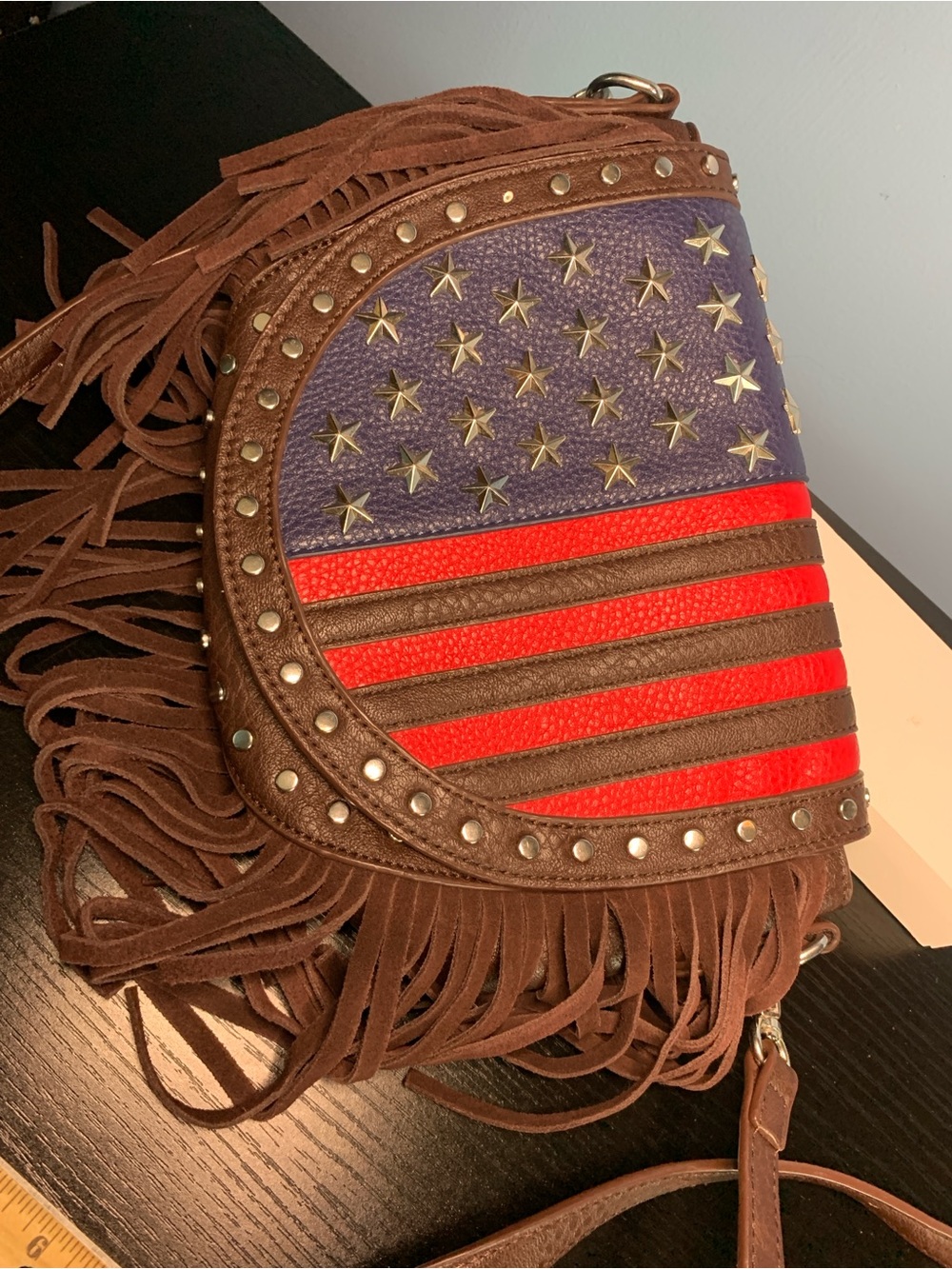 Charming Charlie Brown Fringe Crossbody with Red and Blue Star Stud Panel